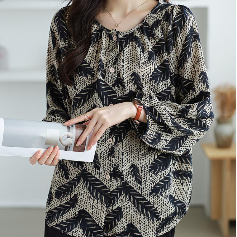 Fashion Elegant Casual Loose Chiffon Shirts Women Long Sleeve Tops Plus Size Women's Blouses Round Neck Slim Vintage Print Shirt Woman Clothing 26340