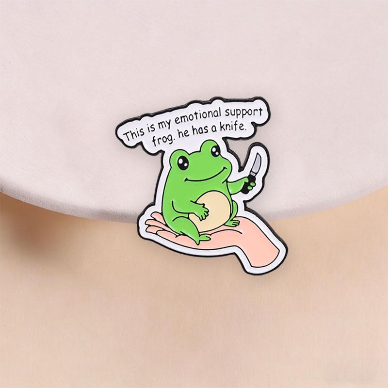 My Emotional Support Frog Badge Cute Green Froggy With Knife Enamel Pins Funny Meme Cartoon Animal Brooch Accessories Decor
