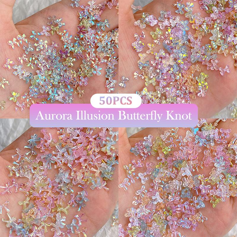 50Pcs Manicures Decoration Charm Colorful Bow Nail Art Accessory Illusionary AB Color Resin Ribbon Bows