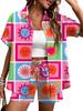 Plant-printed short-sleeved shirt, elastic waist shorts, two-piece set, vacation style casual suit, women's