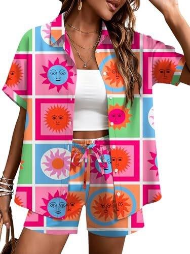 Plant-printed short-sleeved shirt, elastic waist shorts, two-piece set, vacation style casual suit, women's