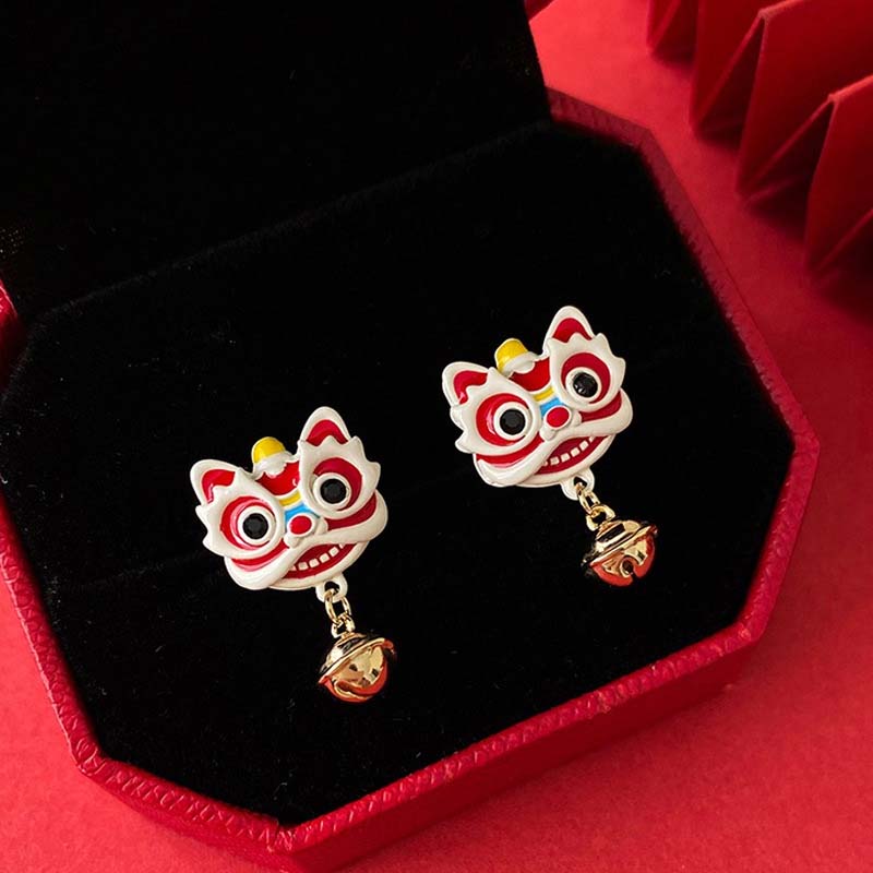 Chinese Red Little Lion Bell Pendant Earrings for Women The Year of The Dragon Gift New Year Festive Jewelry Gifts