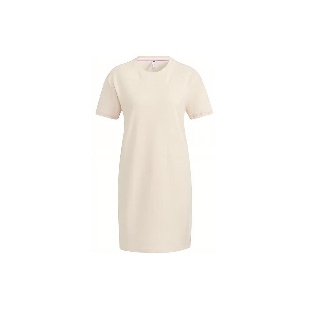 Adidas Neo Solid Color French Cartoon Pattern Printed Mid Waist Round Neck Short Sleeve Dress Women Dresses Beige HF7315
