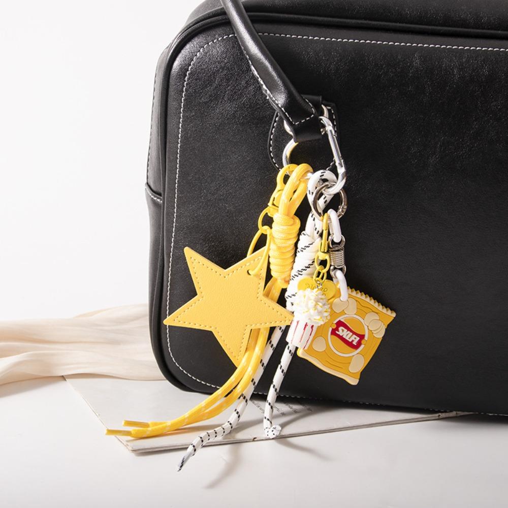 Popcorn Potato Chips Star Shaped Keychain PU Leather Star Keyring  Children Girl