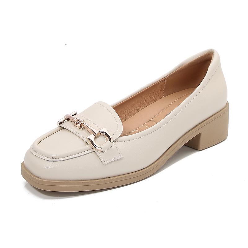 Women's 2026 New Style Black Leather Loafers - Soft Sole, Comfortable, Low-Cut Chunky Heel, Square Toe, Spring/Autumn.
