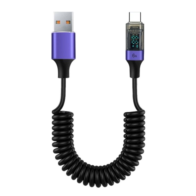 

USB to USB C Fast Coiled Spring Charging Cable 6A 66W Fast Charge LED Screen Monitoring Universal for Tablet PC фиолетовый