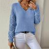 Women V Neck Long Sleeve Knit Sweater With Hollow Out Sleeves Casual Pullover
