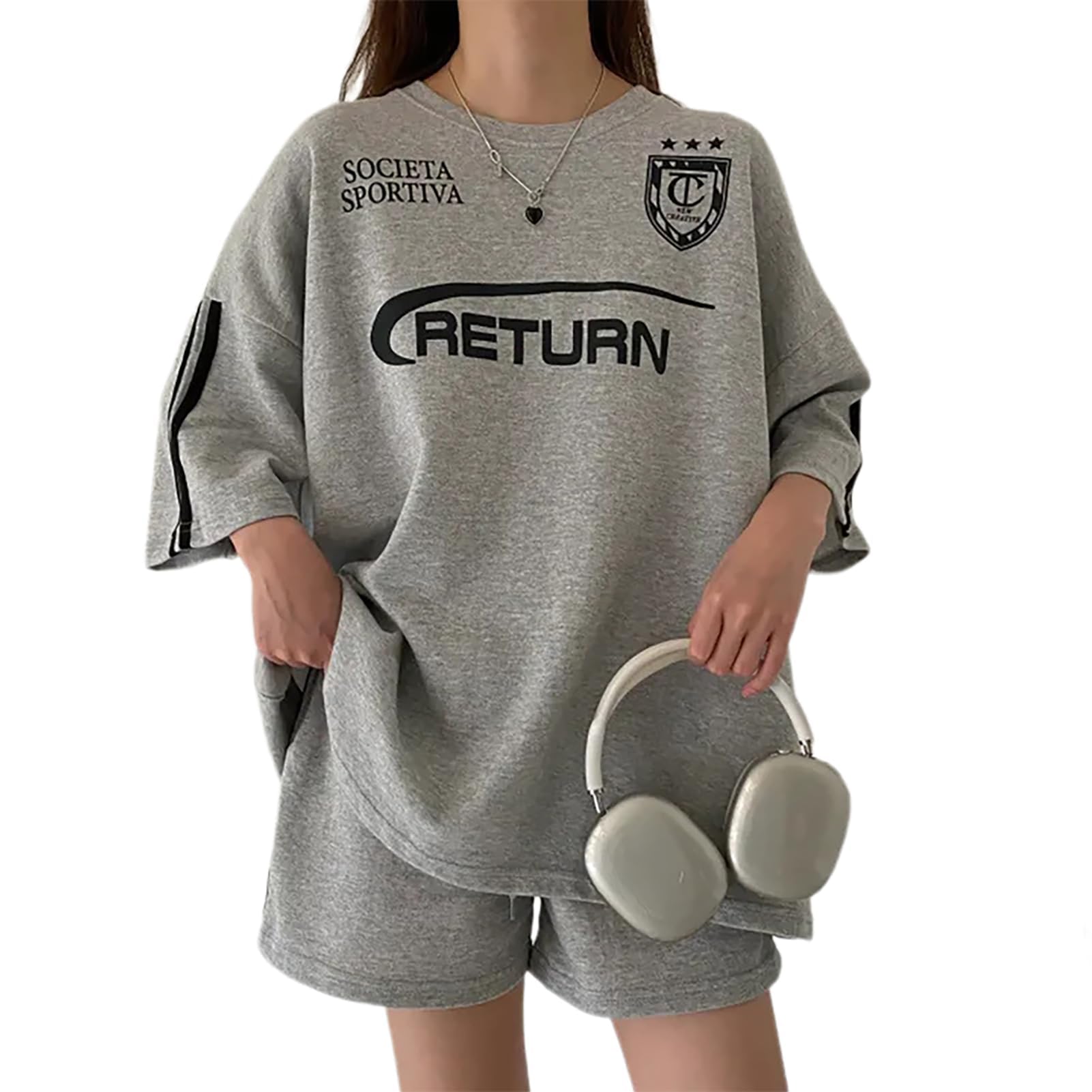 

Летний комплект с коротким рукавом и шортами, свободный, плюс сайз, корейский летний наряд [mxcgzl], Женский комплект футболка, Толстовка/Джерси, Посадка, Размеры, Повседневный, Стиль, Стильный, серый