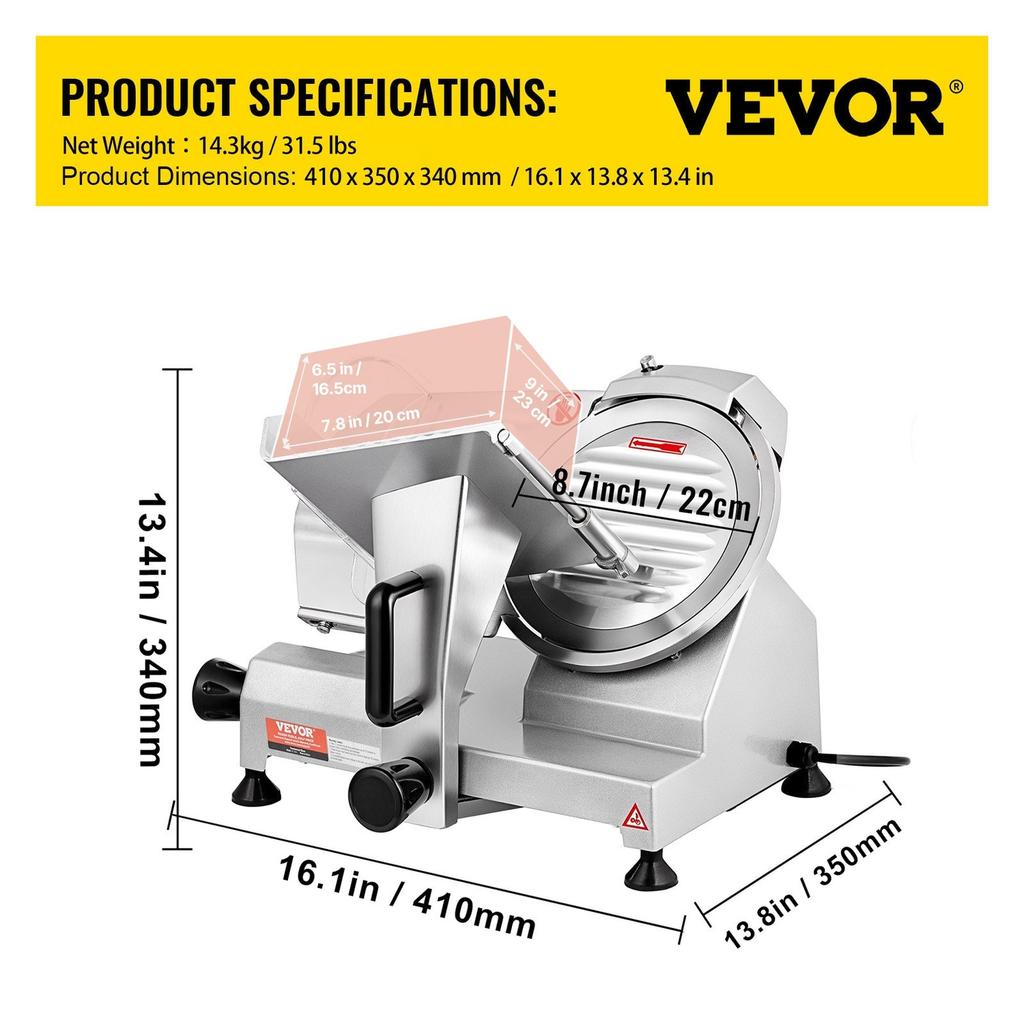 Commercial Meat Slicer, 200W Electric Deli Food Slicer, 350-400RPM Meat Slicer with 8" Carbon Steel Blade, 0 - 0.47 inch Adjustable Thickness Electric
