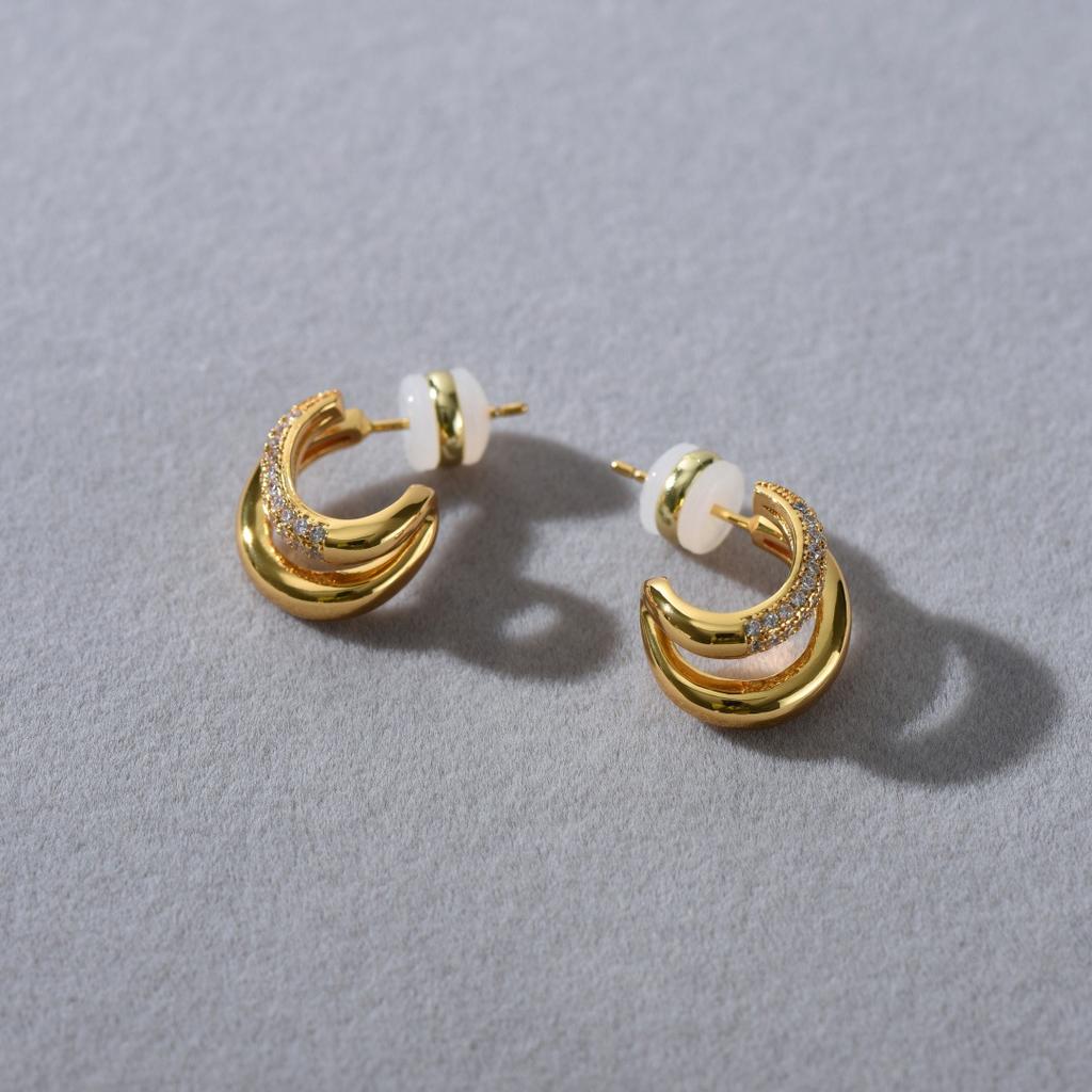 Premium Metal Inlaid Zircon Irregular Double-Layer Design Earrings S925 Silver Needle Stud Earrings Trendy Temperament Earrings