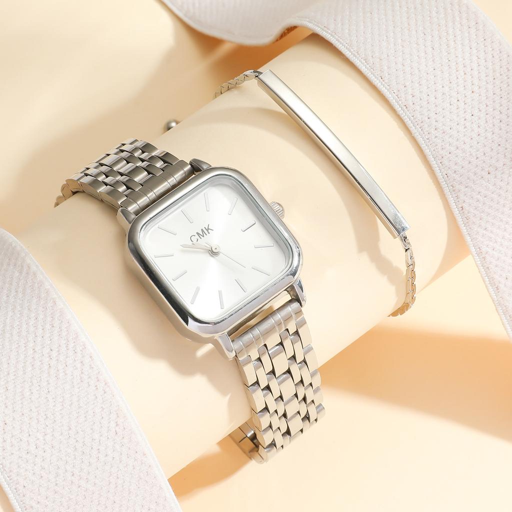 2pcs Fashion Women Watches Casual Square Dial Business Quartz Wristwatches Steel Chain Reloj Mujer Girls Clock Gift Wholesale