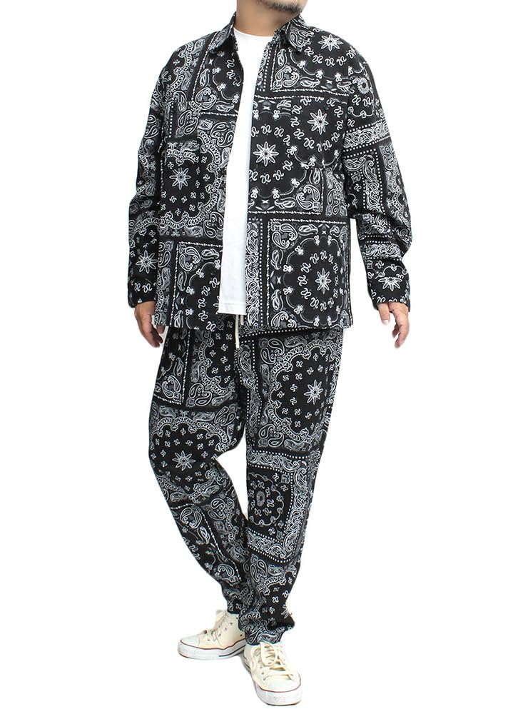 One Colors Denim Shirt Bandana Stretch Long Size Paisley Men's Jacket, Print, Paisley, Camouflage, Sleeve, 2L,