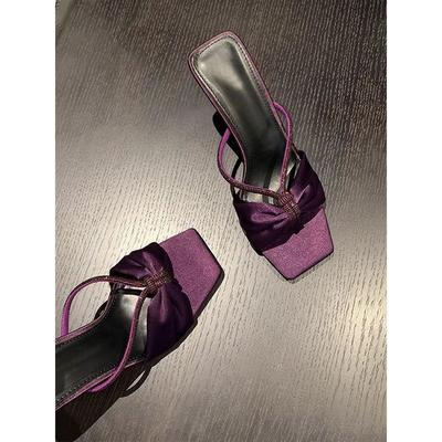 One Word with Purple Sandals Women's 2025 Summer New Rhinestone High-heeled Satin Outer Wear Bow Open-toed Cool Slippers
