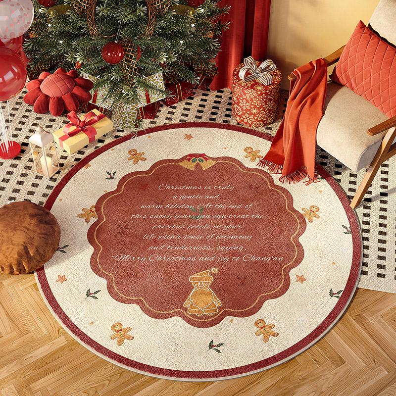 Christmas Circular Carpet For Living Room, Red Color Scheme, Festive Christmas Tree, Cheerful Home Decoration
