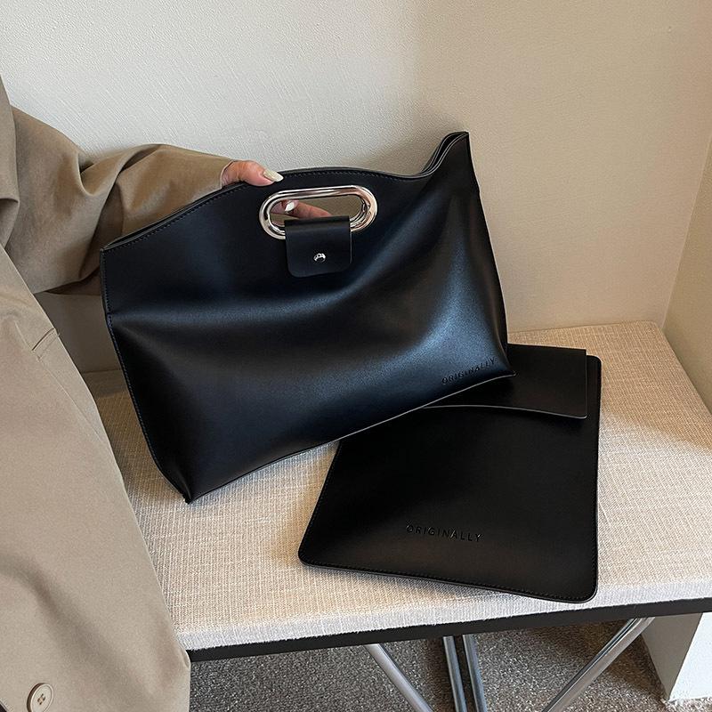 Solid Color Pu Leather Bag For Women's Fashi Large Capacity Hand-Held Bag For Work Commuting Clutch Tote Bag