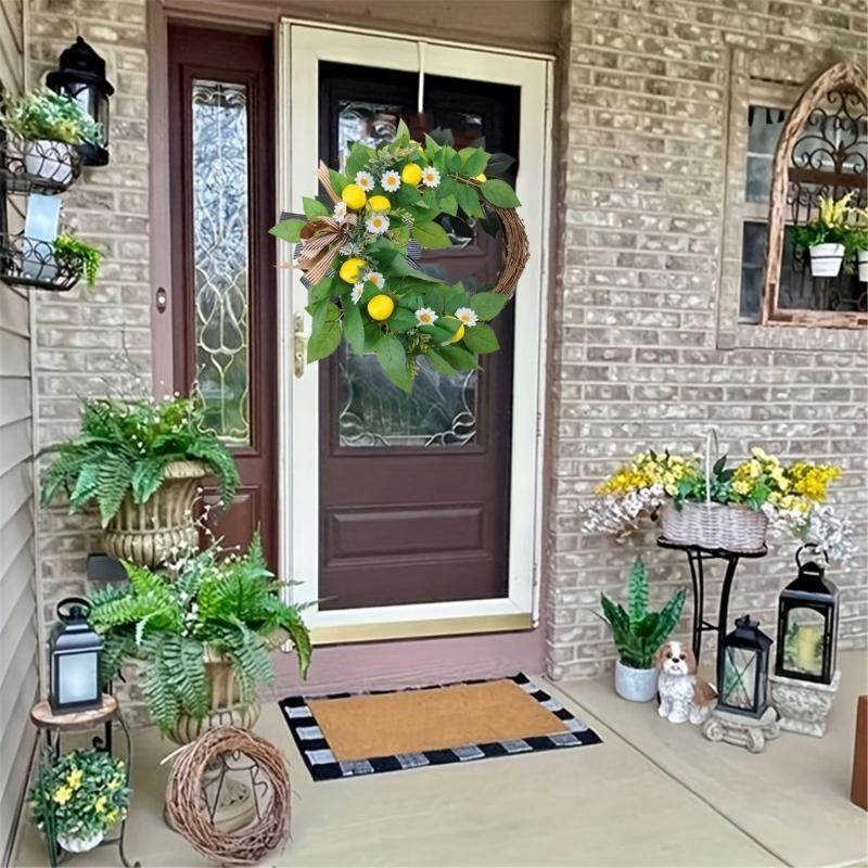 Artificial Flower Wreath with Lemon for Front Door, Spring Wreath for Front Door