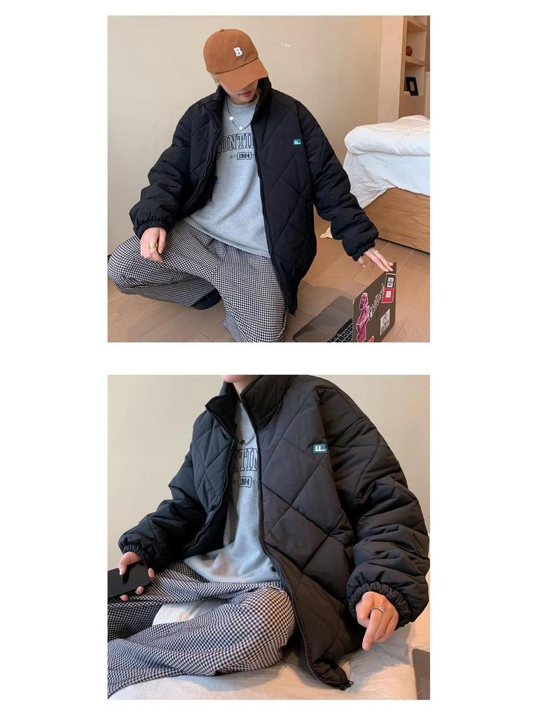 Men's Retro Diamond Lattice Cotton Padded Baseball Jacket - Trendy Stand Collar Winter Coat
