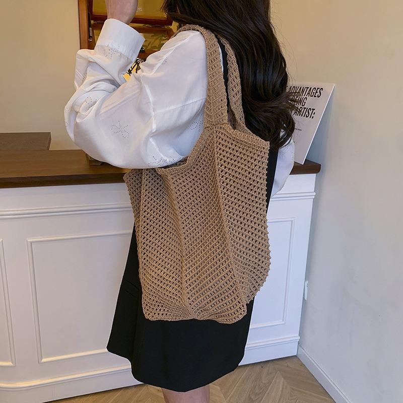 New summer vacation style solid color shoulder bag woven tote bag large capacity portable underarm bag beach bag