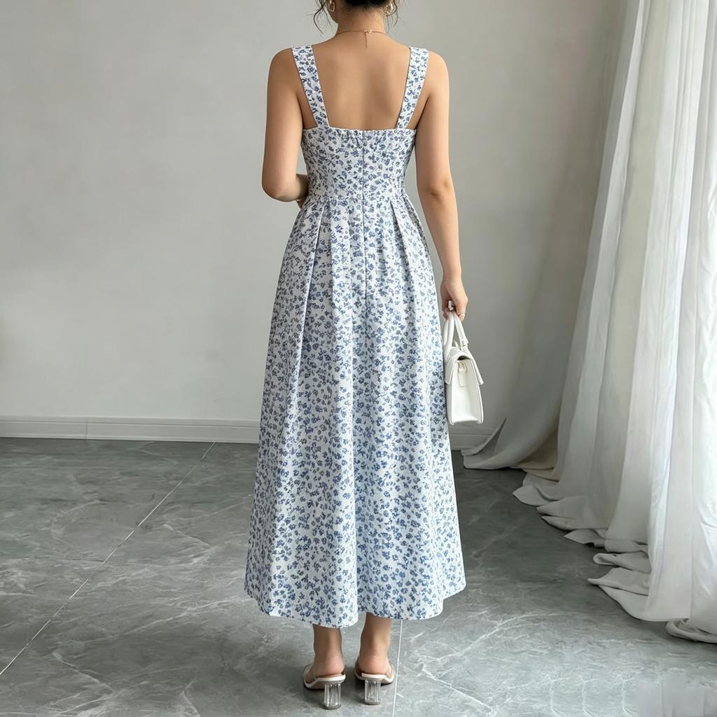 Women Sleeveless Backless Floral Print Maxi Dress with Adjustable Straps and Fitted Waist Summer Casual Sundress