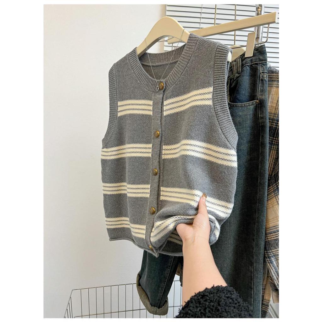 Striped Knitted Cardigan Vest Women's Spring and Autumn Loose Outer Wear Stacked Shirt Vest Sweater Vest Top