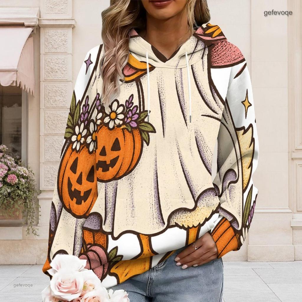 Women Long Sleeve Drawstring Hood Kangaroo Pocket Pullover Printed Hoodie