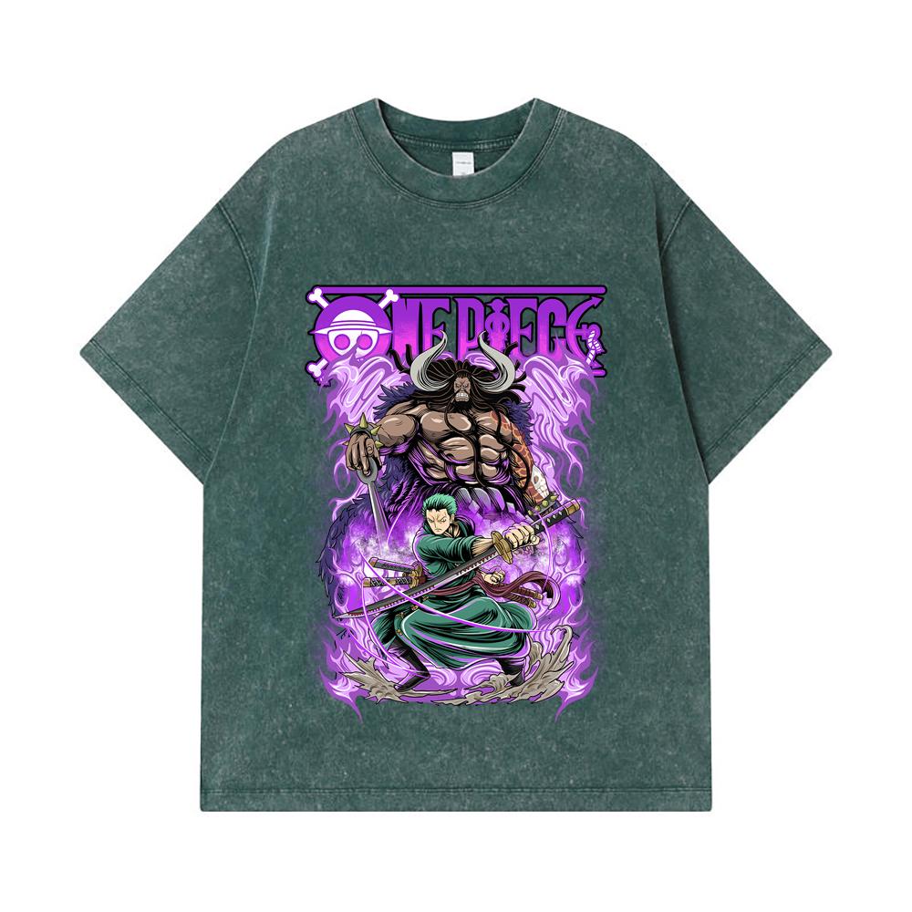 T-shirts Lavés 275 GSM 100% Coton Pièce Unique V32 Impression Zoro Kaido Unisexe T-shirt Lourd en Coton