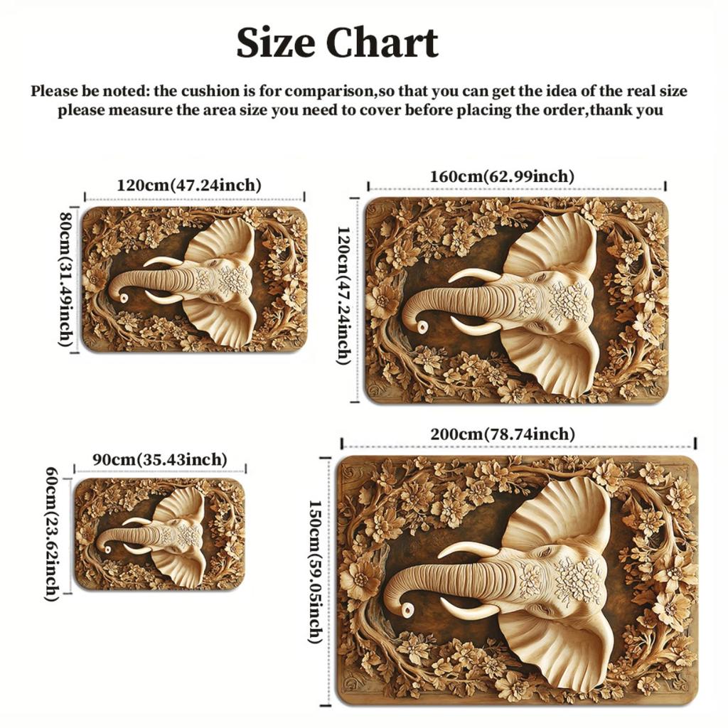 3D Carved Elephant Flower Crystal Velvet Rug Boho Style Living Room Floor Mat Natural Wood Look Anti Slip Area Carpet