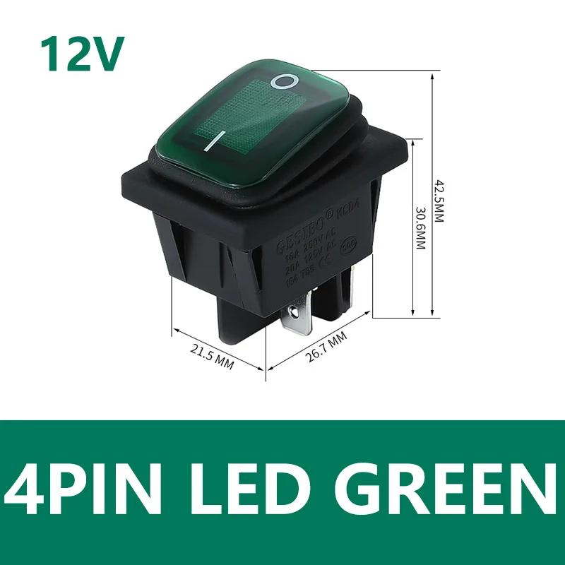 5PCS KCD4 12V 220V Waterproof And Oil Proof Latching Switch Four Feet ON OFF Red Green With Lights 4PIN Rocker Power Switch LED
