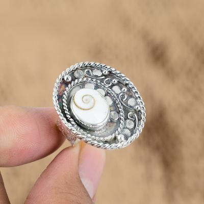 Anello Trendy Boho in Argento 925 Ovale con Pietra di Conchiglia Occhio di Shiva Promessa di Compleanno