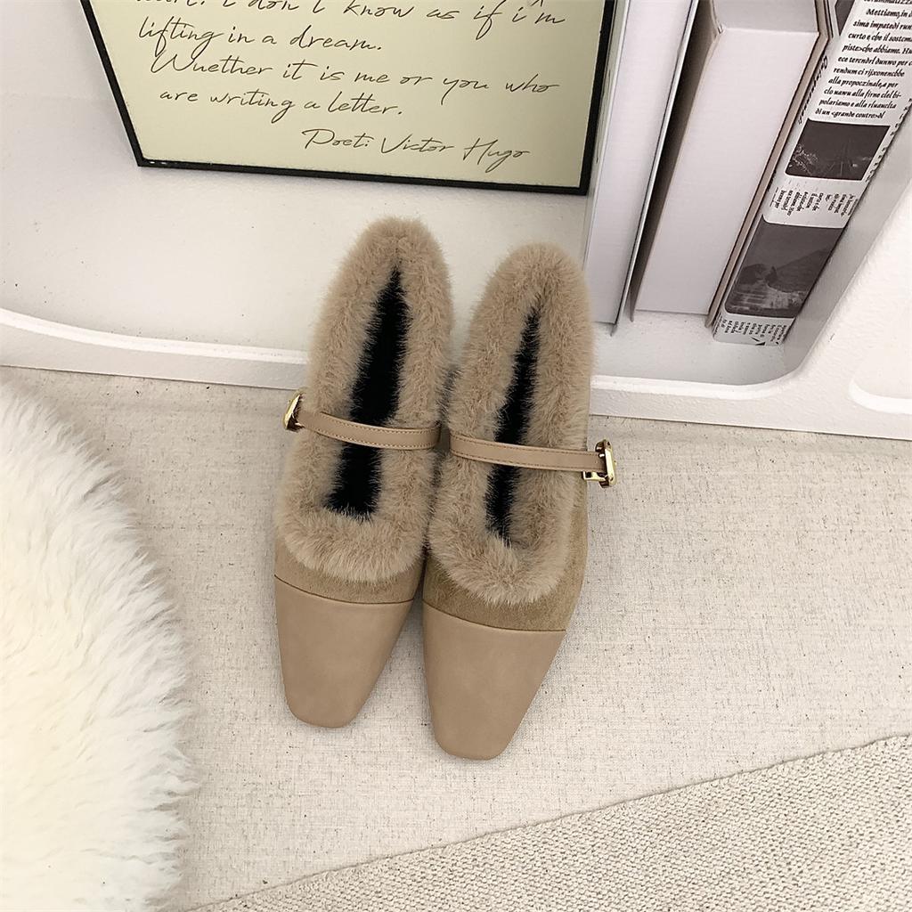 Pantofi francezi de pluș cu toc mic Pantofi Mary Jane singuri Pantofi de damă Sezon Pantofi caldi din bumbac Seara