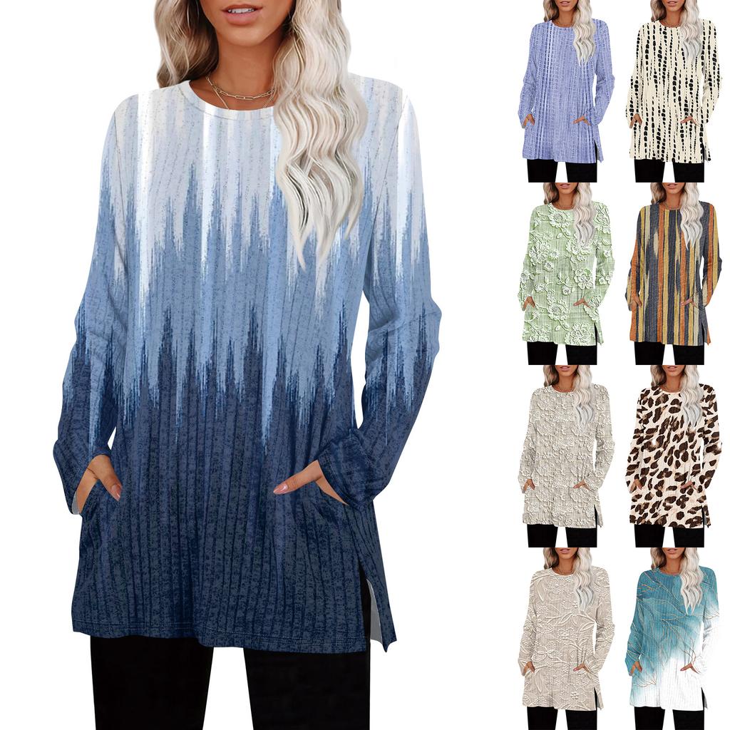 Womens Sweaters Crewneck Long Sleeve Shirts With Pockets Fall Outfits  Fashion Winter Clothing Side Slit