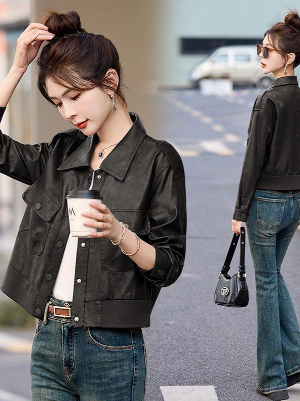 Women's Retro Genuine Leather Motorcycle Jacket, Spring/Autumn 2025 Fashion, Solid Color, Loose Fit, Short Style.