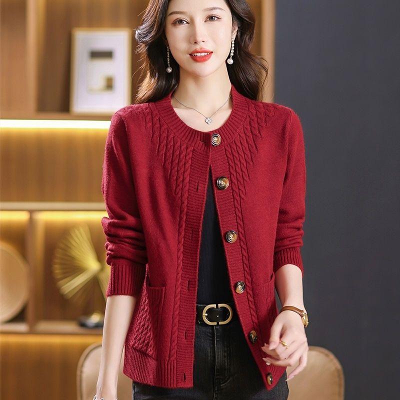 Women Knitted Cardigan Spring Autumn V Neck Button Closure Long Sleeves Solid Color Middle Age Ladies Coat Top Streetwear