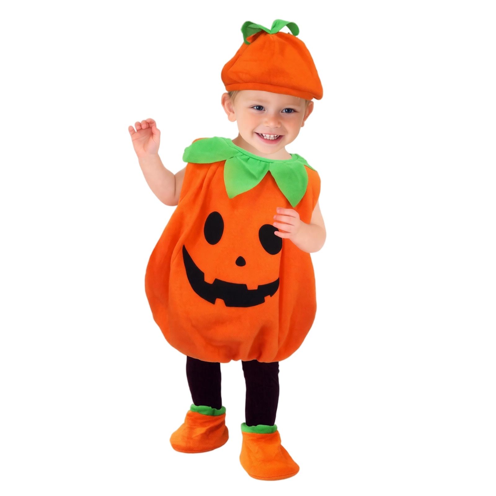 Kinder Halloween Kostüm Set mit Kürbis Hut, Leggings und Oberteil zum lustigen Verkleiden 110 orange
