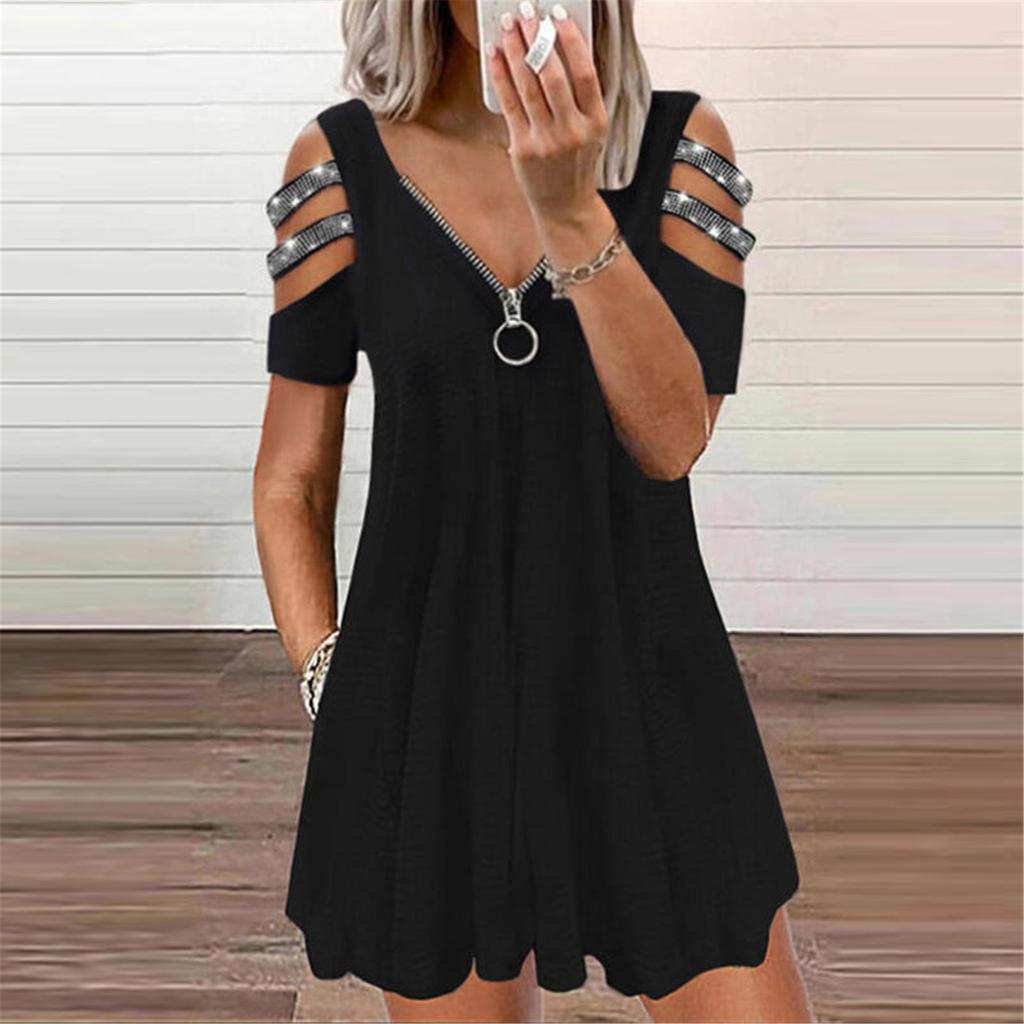 Women's Fashion  Strapless Solid Color V-Neck Short Sleeves Leisure Dress