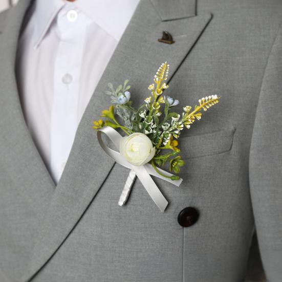 Artificial Wedding Corsage And Boutonniere Set Silk Flower Wrist Corsage And Lapel Pin for Bridal Party Business Opening Ceremony Guest Flower