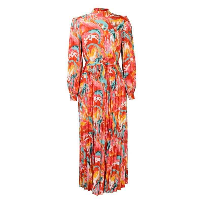 

Large Size Women s Clothing New Long-sleeved Printed Pleated Strap High-neck European American Dress L оранжевый