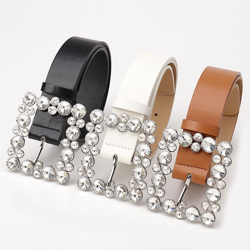 New Square Buckle Inlaid with Diamonds European and American Belt for Women Fashion Versatile Skirt Jeans High-end Women Belt