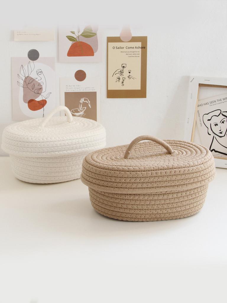 Panier de rangement de bureau tissé à la main avec couvercle Organisateur pour télécommande Cosmétiques Articles divers Boîte