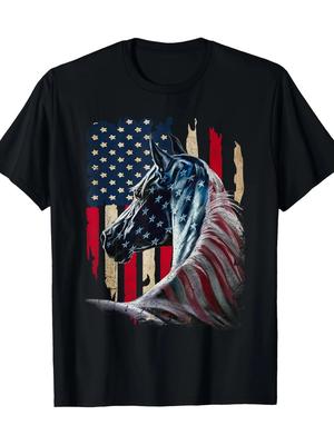 Men039;s Patriotic American Flag Horse Graphic T-Shirt100% Cotton Short Sleeve Unisex T-Shirt