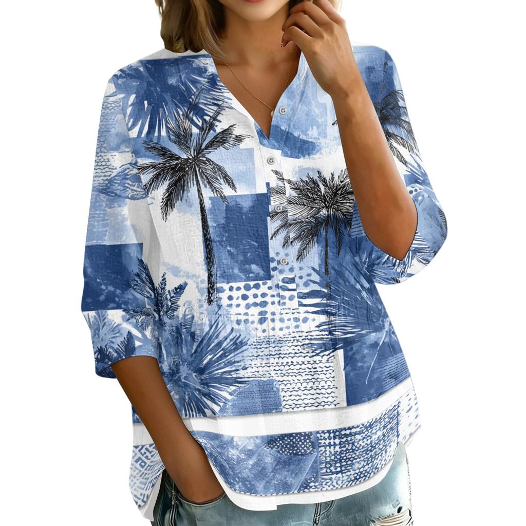 Womens Button Front Shirt Vintage Floral Print Three Quarter Sleeve Loose Fit Blouse Casual Lightweight Top for Everyday Wear