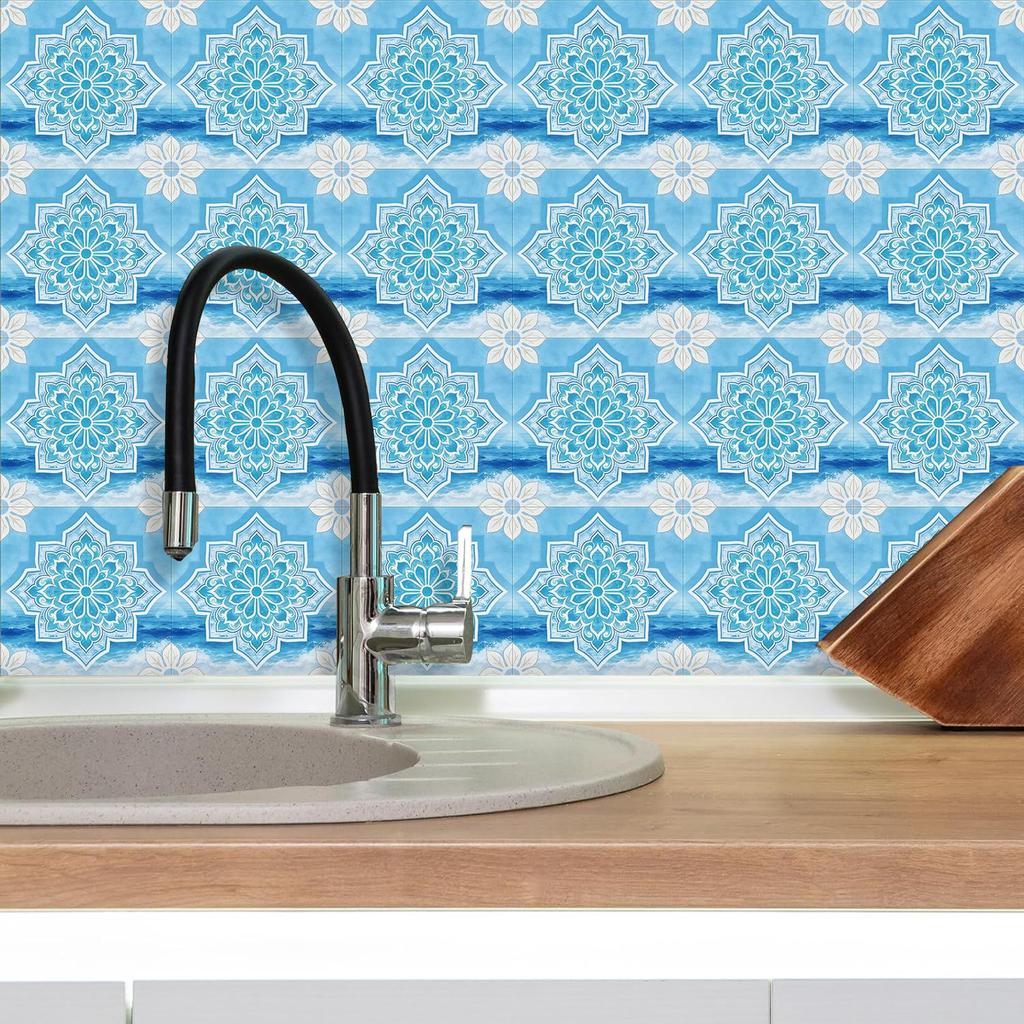 10 Pezzi Adesivi Piastrelle Blu Retro Mediterraneo - Pellicola Cristallo PVC Autoadesivi Decorazioni Murali - Murale Impermeabile da Applicare e Staccare per Cucina Bagno