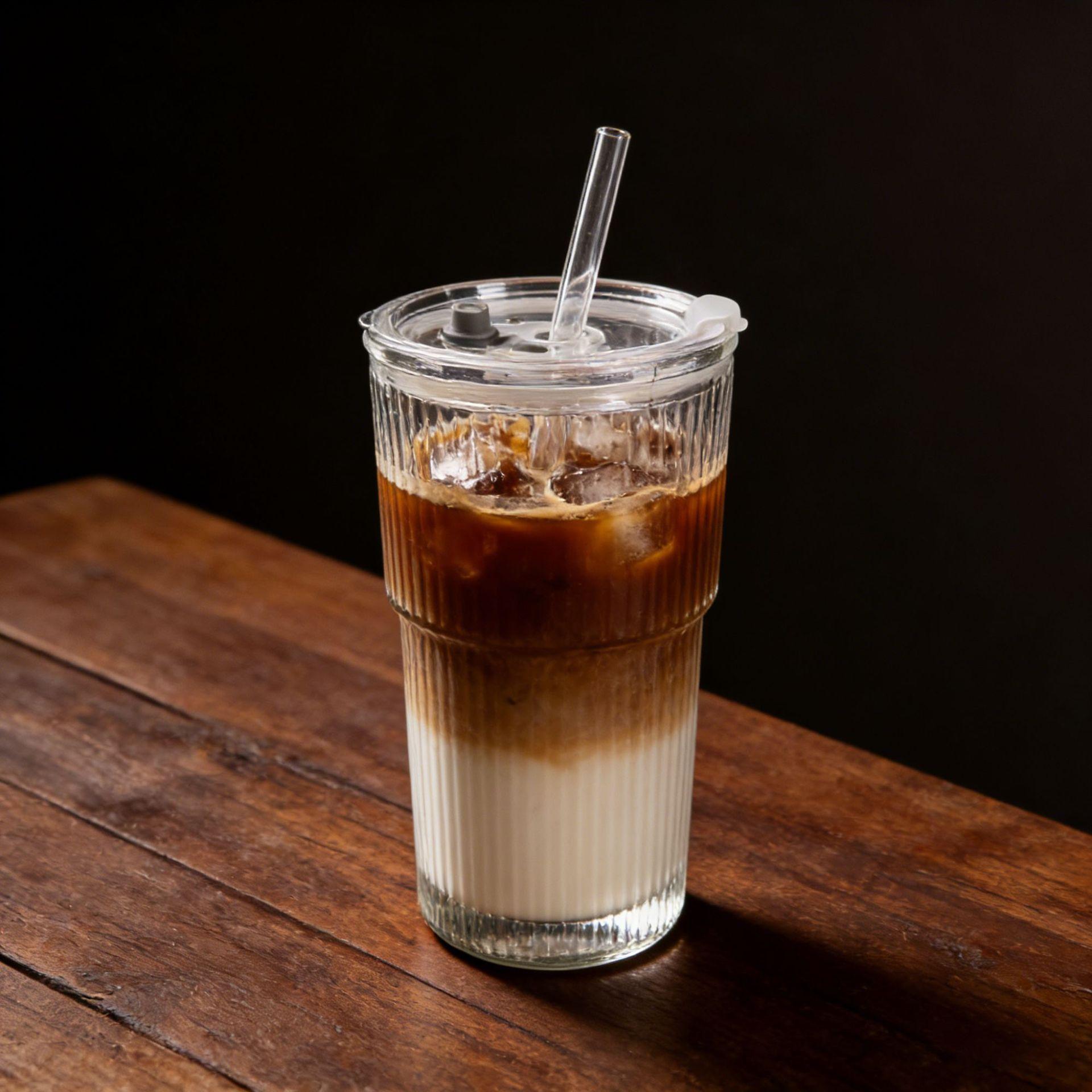 Large capacity cup, high aesthetic coffee cup with lid and water cup, simple straw, vertical stripe glass cup, ins style 401-500ml