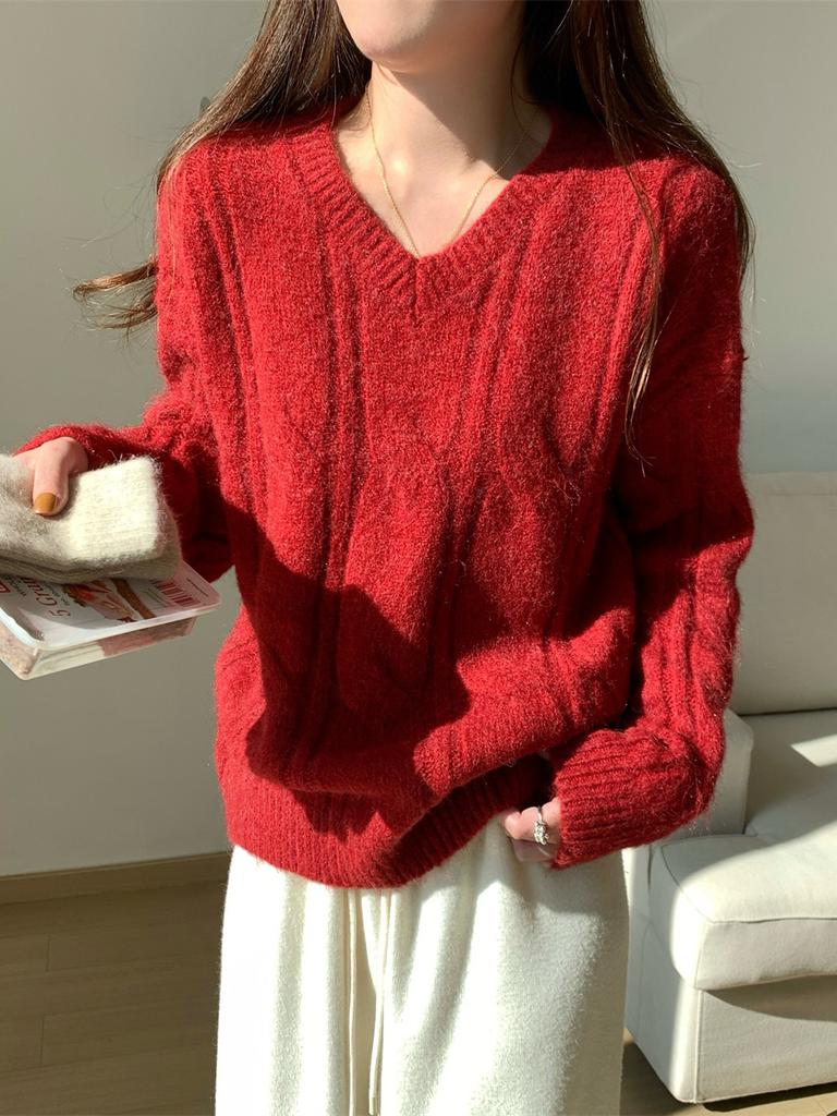 Soft waxy twist collar knitted sweater women's autumn and winter warm casual loose and thin lazy style top with base inside