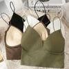 Women Crop Top Sexy Solid Color Sleeveless Straps Tank Tops Ribbed Slim Camis Basic Underwear Lingerie Padded Bra Tops LM