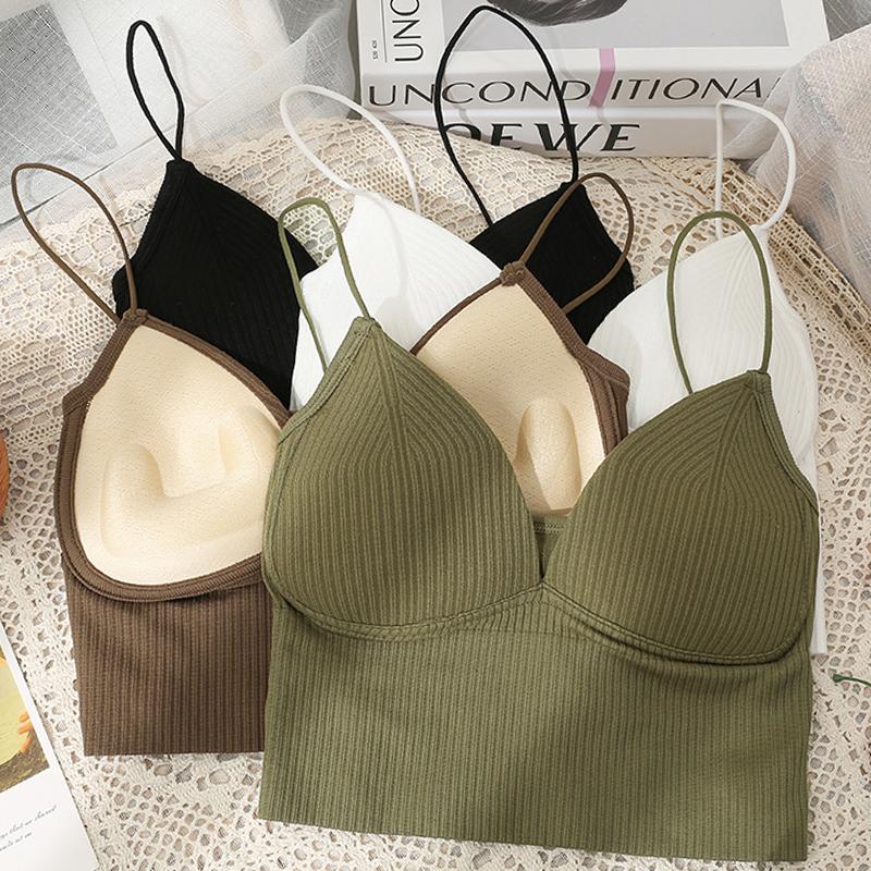 Women Crop Top Sexy Solid Color Sleeveless Straps Tank Tops Ribbed Slim Camis Basic Underwear Lingerie Padded Bra Tops LM