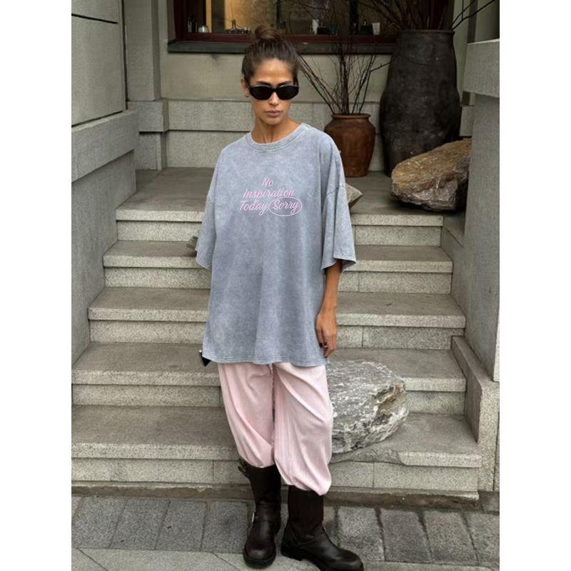 Western Style Fashion Casual Loose Washed Distressed Print round Neck T-shirt Top Printed T-shirt Top