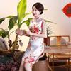 Robe Qipao Col Mandarin Manches Courtes Fermetures Boutons Disque Fente Latérale Robe Dame Cheongsam Impression Florale Noble Style Chinois Vêtements Féminins Femmes