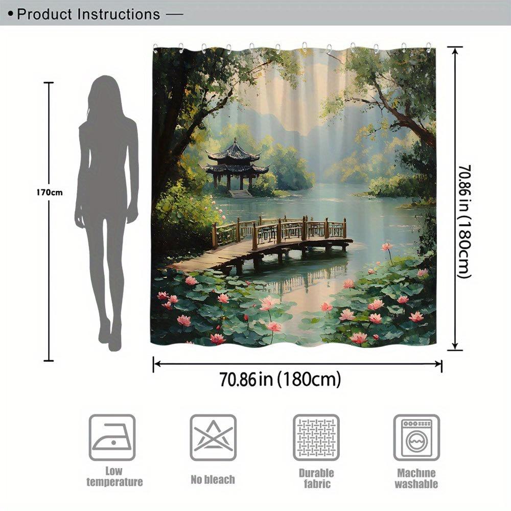 Chinese Landscape Bath Curtain – Waterfront, Wooden Bridge, Lotus & Mountains, 70x70in, Polyester, Washab