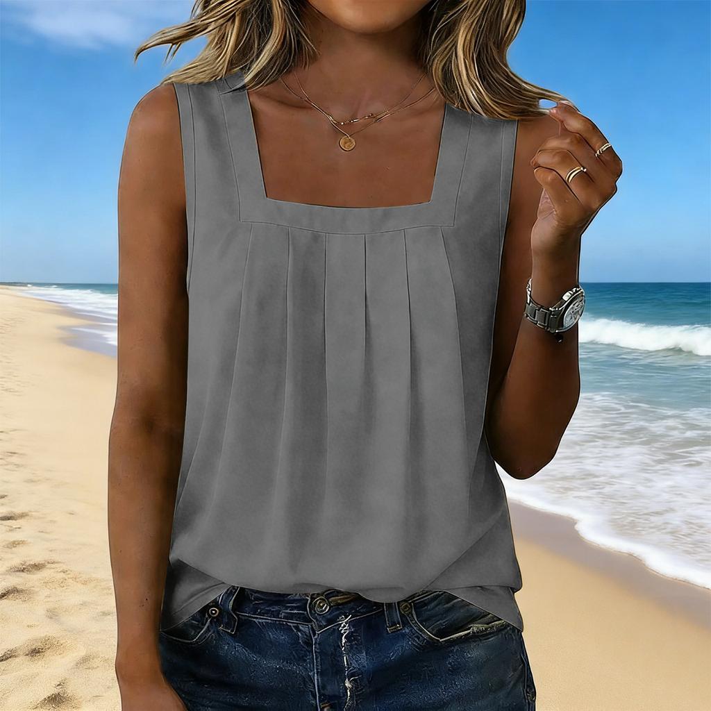 Women’s Square Neck Pleated Tank Top Sleeveless Casual Blouse Loose Fit Lightweight Pullover Shirt for Daily Wear